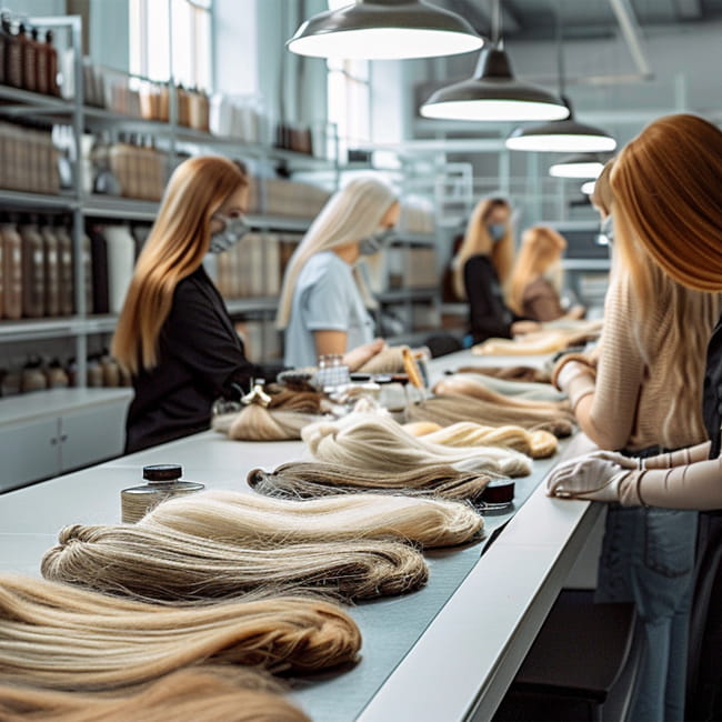 Woman making hair extensions at a factory